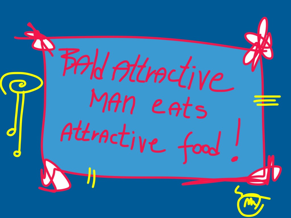 Bald attractive man eats attractive food